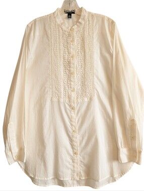 Lauren Ralph Lauren Cream Tuxedo Blouse Button Down Long Sleeve Size Large